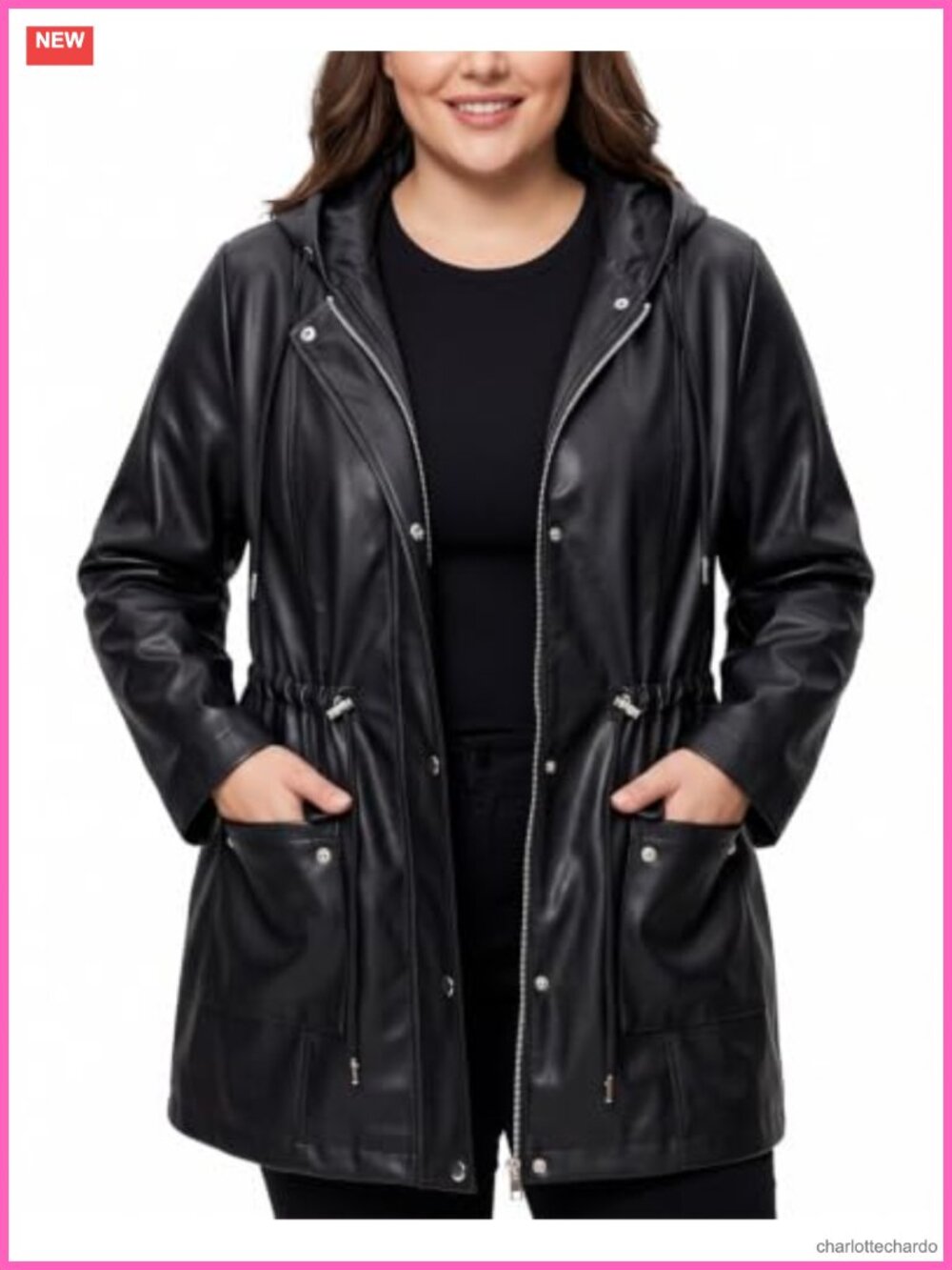 Plus Size Faux Leather Hooded Jacket Drawstring Waist Knee Length